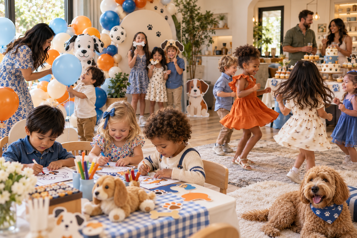 Young children enjoying different activity stations at a blue and orange birthday party