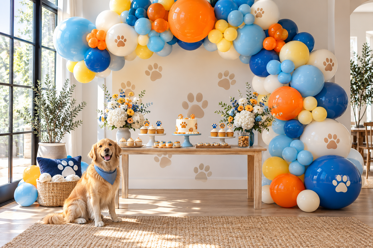 Blue, orange and cream birthday balloon installation around a dessert table