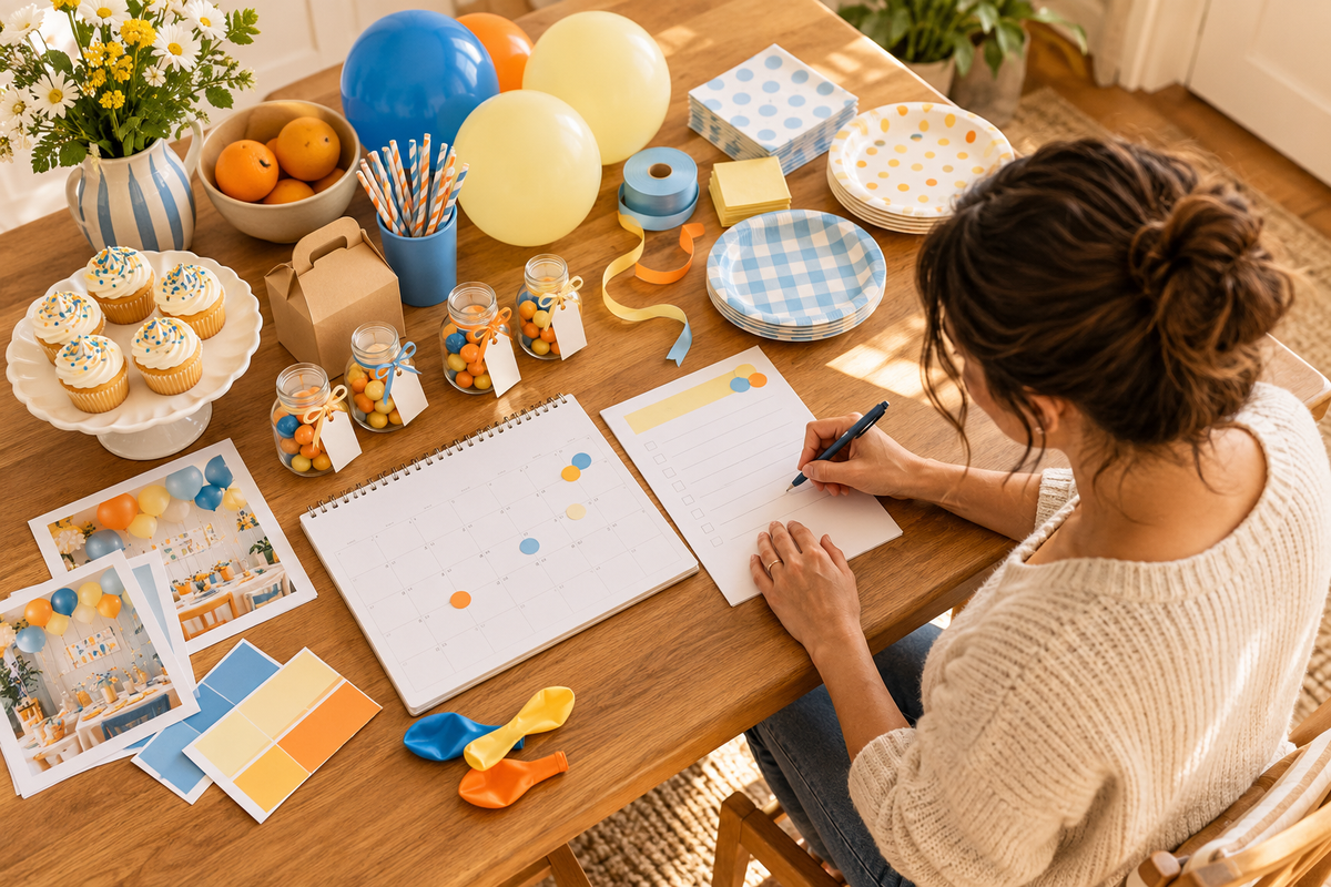 Parent planning a children's birthday with a calendar and party supplies