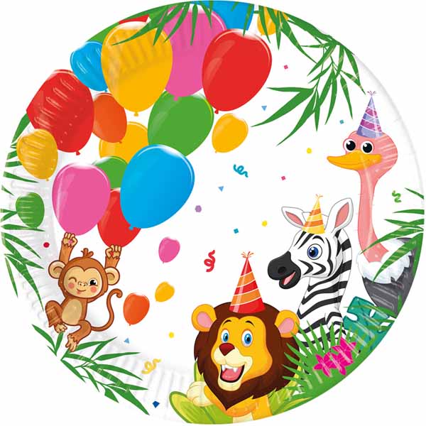 Jungle & Safari party supplies arranged for a birthday celebration