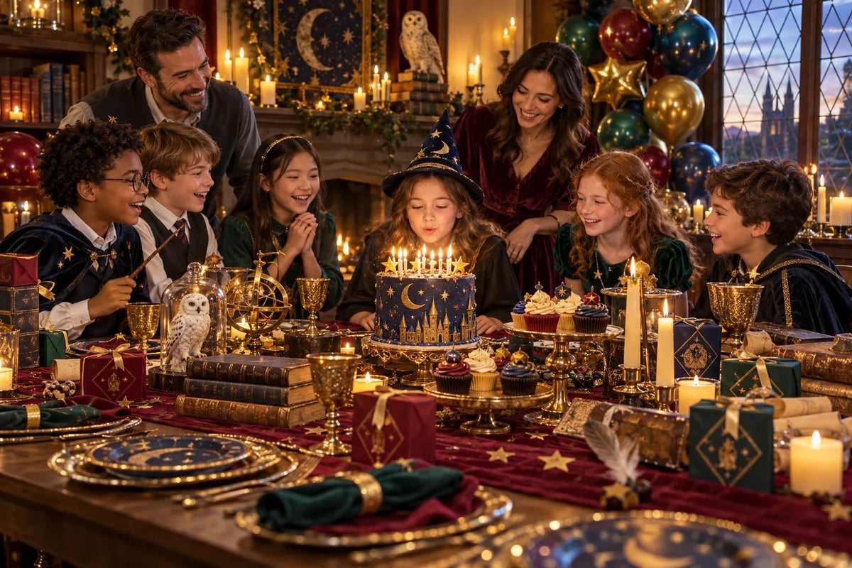 Family celebrating a wizard-themed Harry Potter birthday with party decorations and cake. Indoor Harry Potter Party Ideas for Rainy and Winter Days.