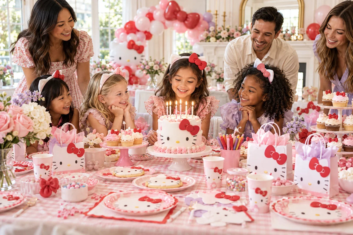 Family celebrating a Hello Kitty birthday with pink party decorations, tableware and cake. Pink vs. Pastel Hello Kitty Party: Which Palette Should You Choose?.
