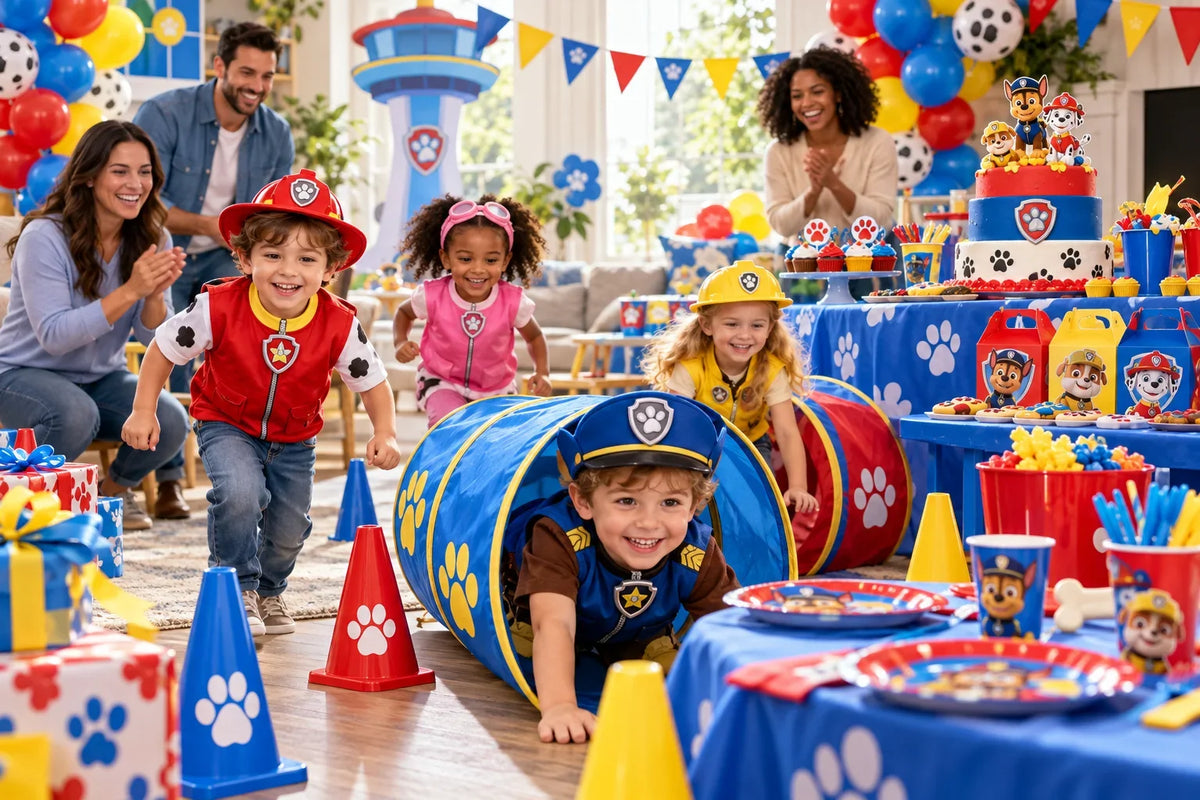 Children enjoying a PAW Patrol birthday with party games, balloons, tableware and cake. Chase vs. Skye Party: Choosing a PAW Patrol Birthday Look.