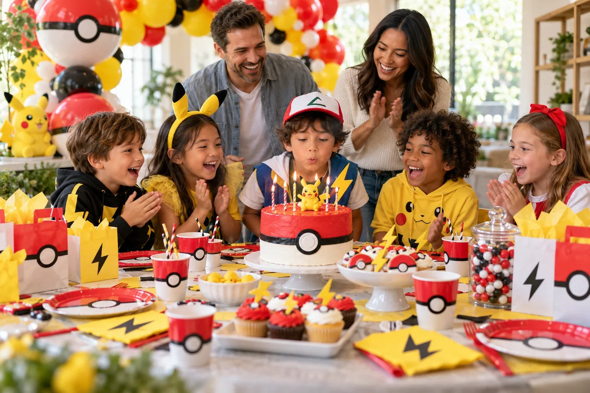 Family celebrating a Pokémon birthday with party games, balloons, tableware and cake. Pokémon Party Colours and Decorating Guide.