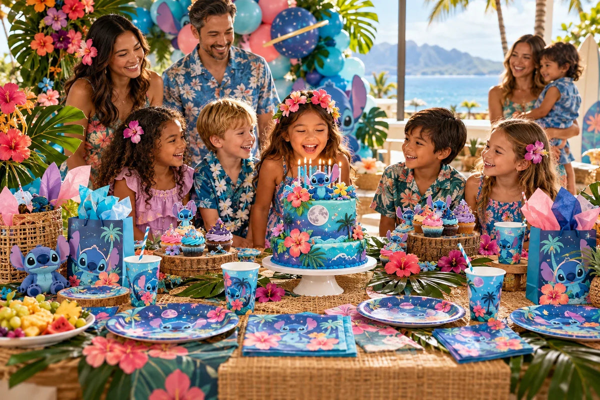 Family celebrating a tropical Lilo and Stitch birthday with balloons, tableware and cake. 15 Lilo & Stitch Party Games Kids Will Actually Play.