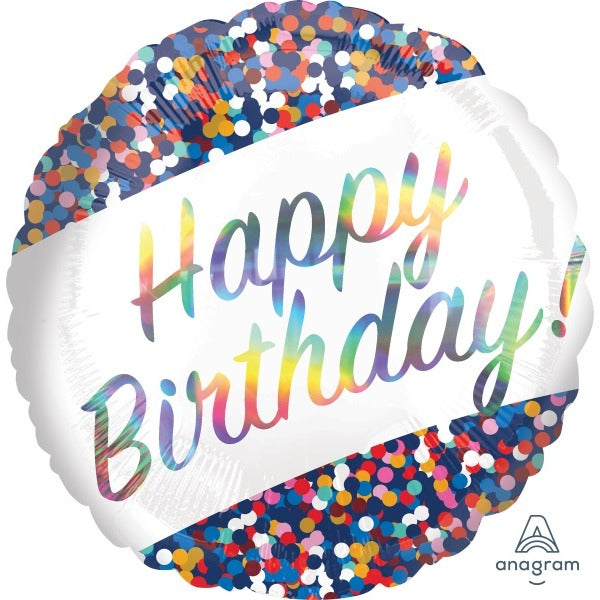 Happy Birthday Confetti 18" Round Holographic Foil Balloon