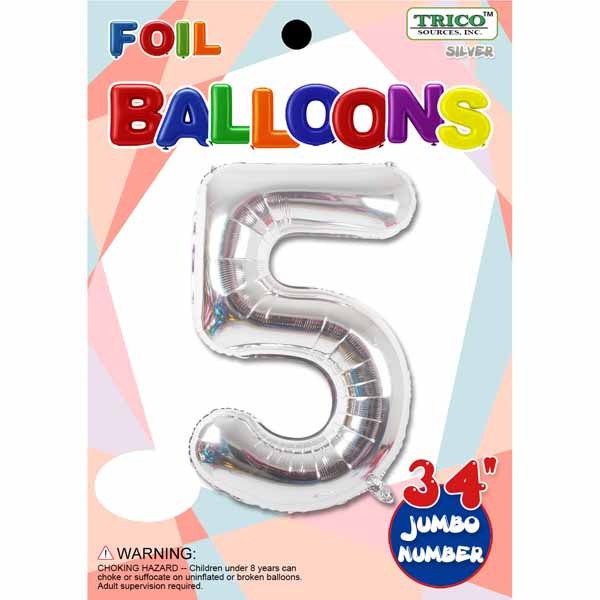 34-Inch Silver Number 5 Foil Balloon