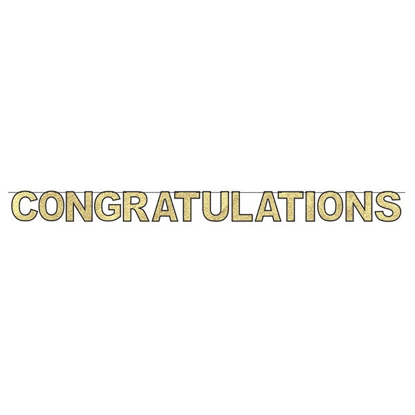Black & Gold Glitter Print Congratulations Streamer, 11 ft