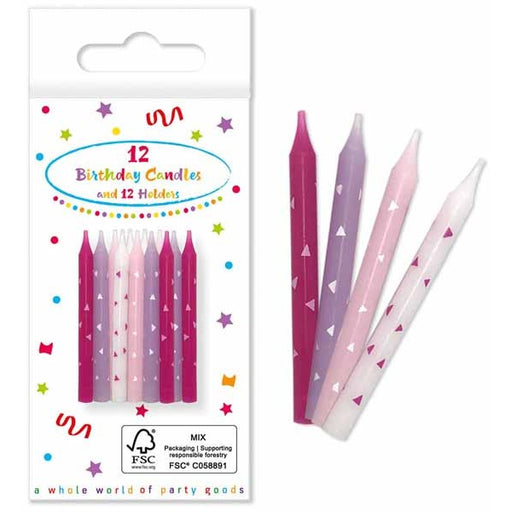Pink Birthday Candles with Holders, 12 Pack
