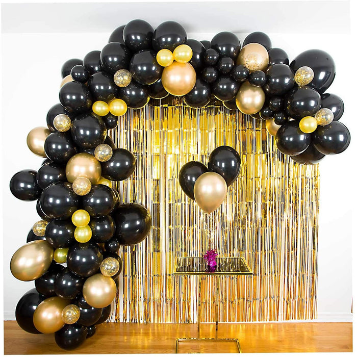 16-Foot DIY Black and Gold Balloon Garland and Arch Kit with Gold Frin