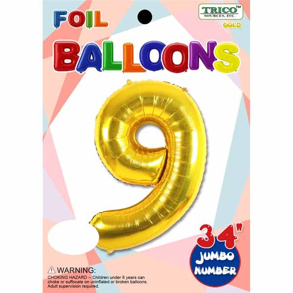 Gold Number 9 Foil Balloon, 34 Inch