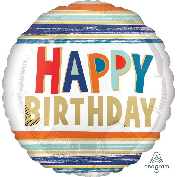 Happy Birthday Letters & Stripe 18-Inch Round Foil Balloon