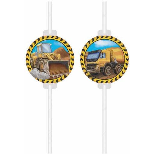 Construction Vehicle Paper Straws with Medallions, 4 Pack