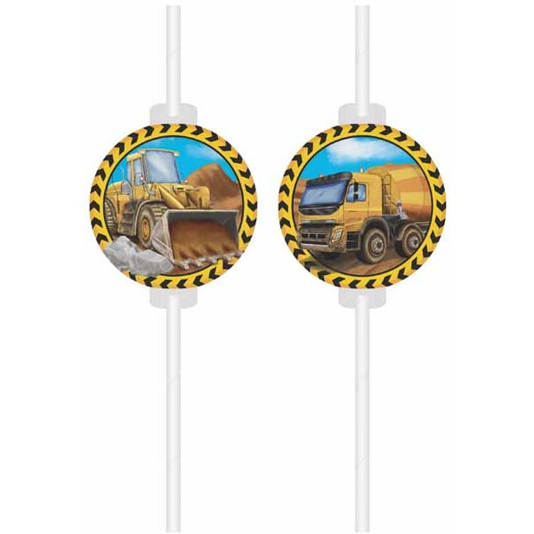 Construction Vehicle Paper Straws with Medallions, 4 Pack