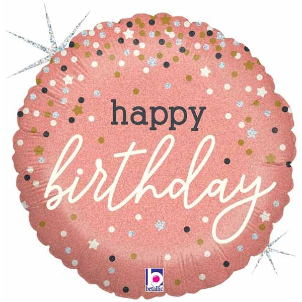 Rose Gold Confetti Happy Birthday 18-Inch Holographic Foil Balloon