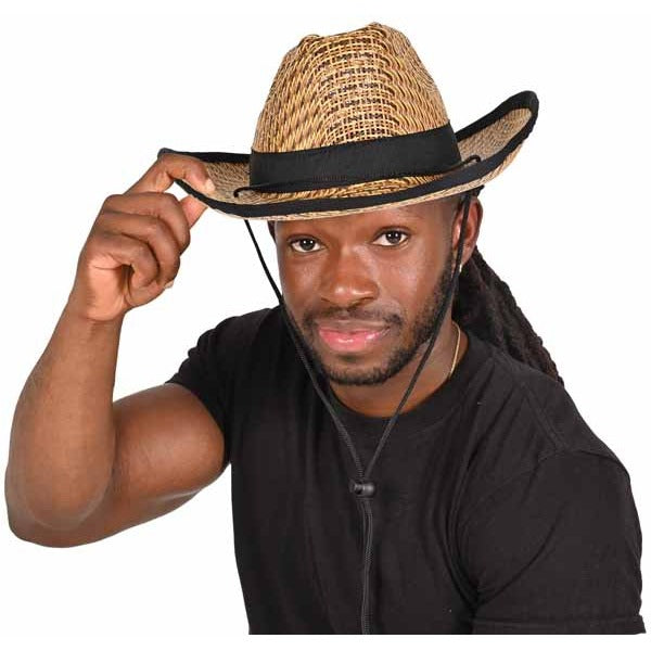 Western Straw Cowboy Hat with Black Trim