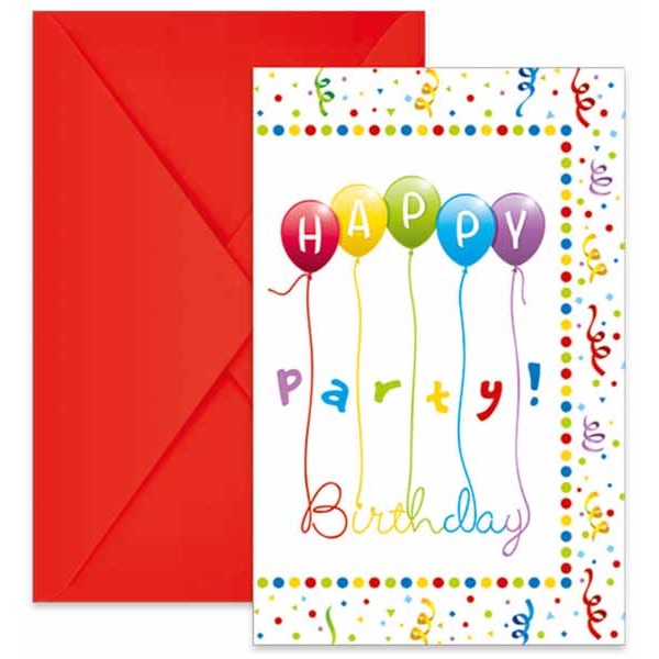 Happy Birthday Streamers Invitations with Envelopes, 6 Pack