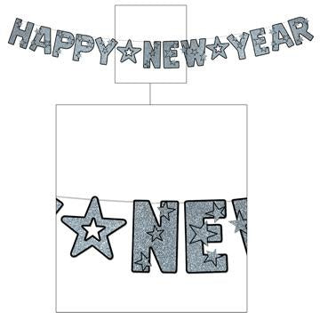 Black & Silver Glittered Happy New Year Streamer