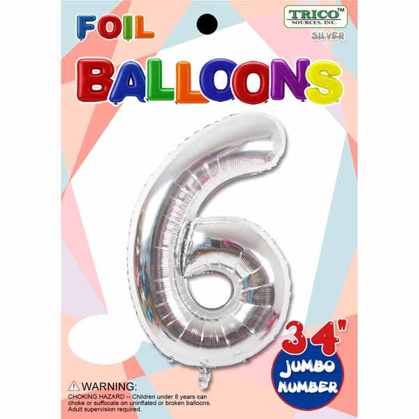 34 Inch Silver Number 6 Foil Balloon