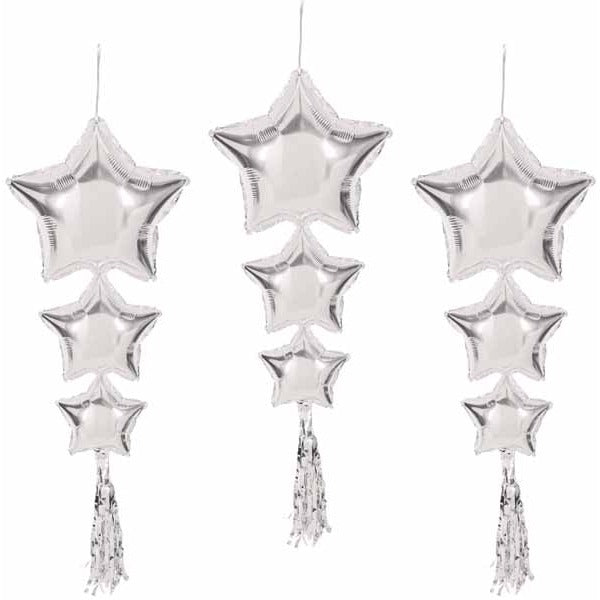 Silver Star Balloons with Tassels, 3 Pack
