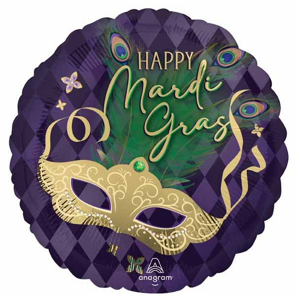 Happy Mardi Gras Mask 18-Inch Round Foil Balloon