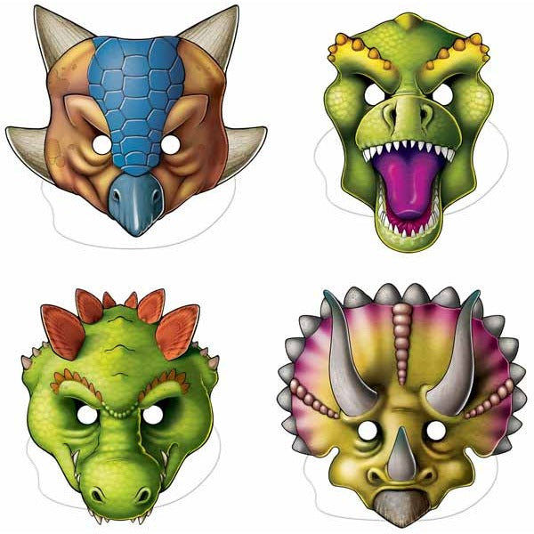 Dinosaur Party Masks with Attached Elastic, 4 Pack