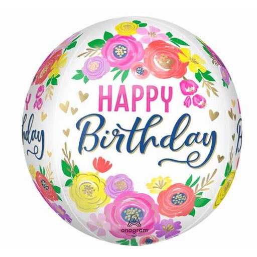 Artful Floral Happy Birthday Orbz Foil Balloon, 16 Inch