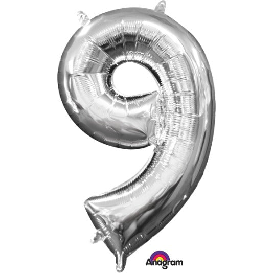 Silver Number 9 Balloon, 16 Inch