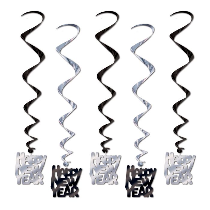 Happy New Year Whirls Black/Silver Stylish 33" (3/Pk)