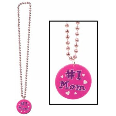 33-Inch Beaded Necklace with Printed #1 Mom Medallion