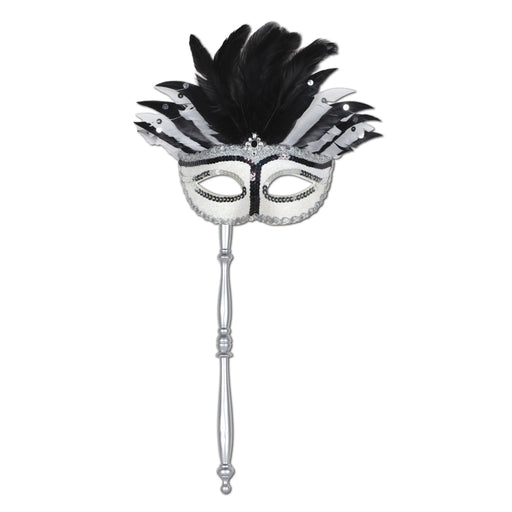 Feathered Mask with Stick for Mardi Gras