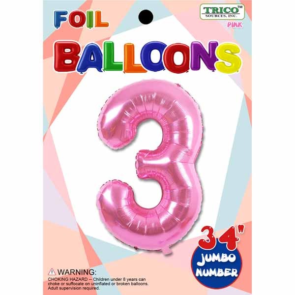 Pink Number 3 Foil Balloon, 34 Inch