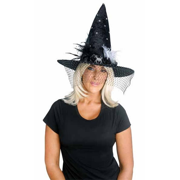 Bling Witch Hat with Feather and Pearl Accents
