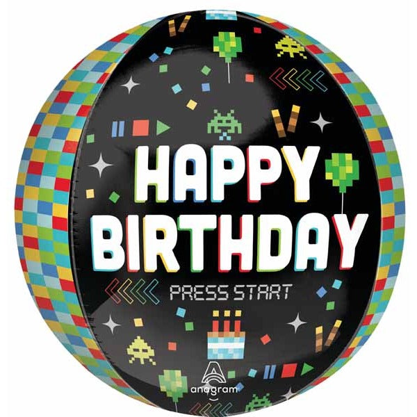 8-Bit Happy Birthday 16-Inch Orbz Foil Balloon