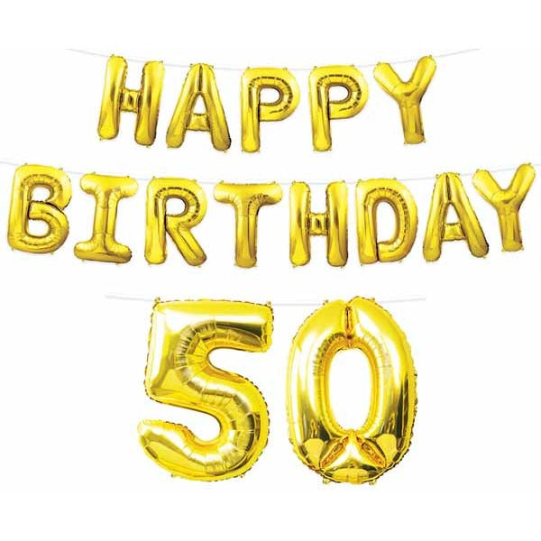 Gold Happy Birthday 50 Balloon Streamer