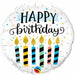 A 18-inch multicolor foil balloon adorned with birthday candles and dots for a playful and festive celebration