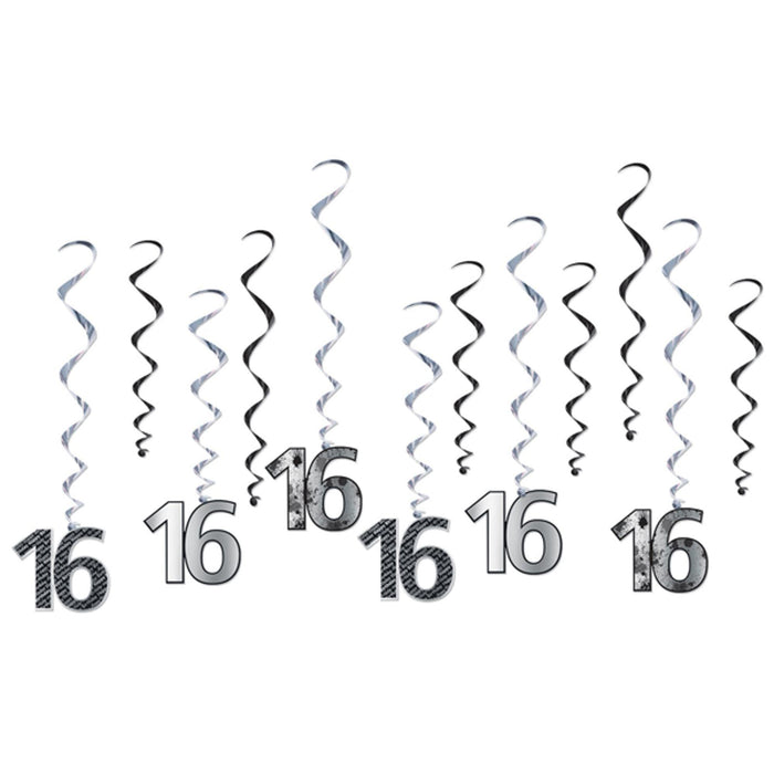 Chic Black and Silver "16" Whirls Stylish Hanging Decor Set (12/Pk)