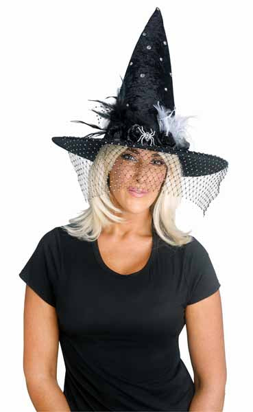Bling Witch Hat with Feather and Pearl Accents
