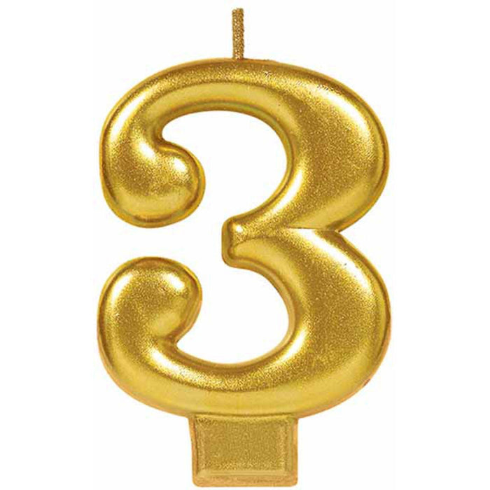 Number 3 Gold Metallic Candle (12/Pk)