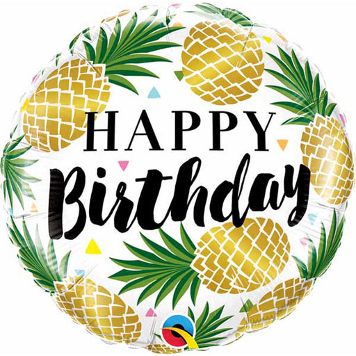 An 18-inch multicolor foil balloon adorned with a golden pineapple, perfect for a stylish and tropical Happy Birthday celebration