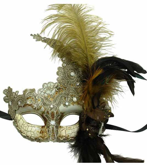Silver Lace Masquerade Mask with Feathers