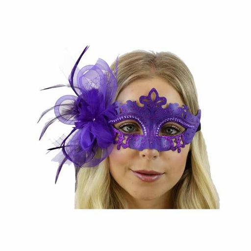 Purple Feather and Flower Masquerade Mask