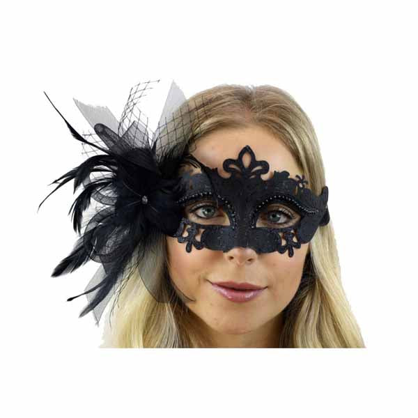 Black Feather Flower Masquerade Mask