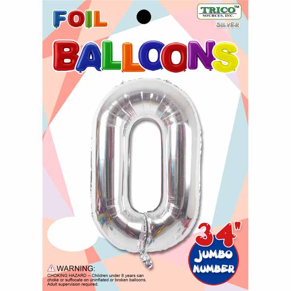 34 Inch Silver Number 0 Foil Balloon
