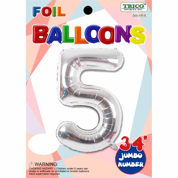 34-Inch Silver Number 5 Foil Balloon