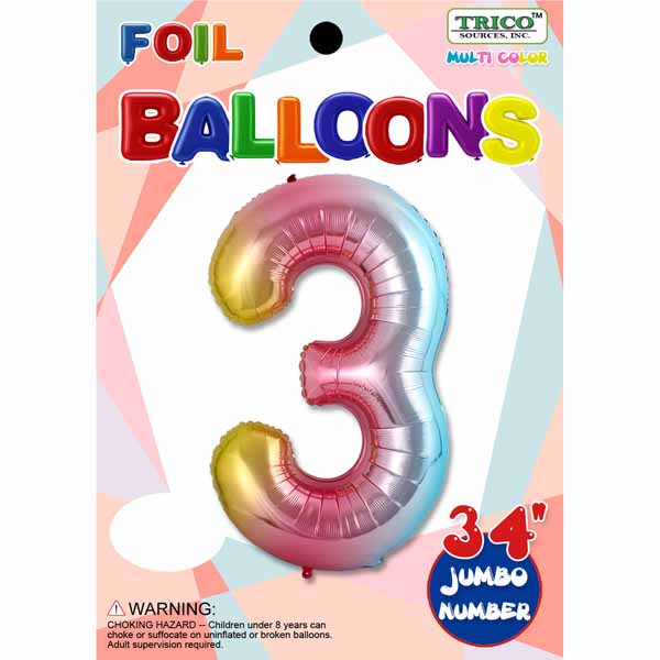 34-Inch Rainbow Number 3 Foil Balloon
