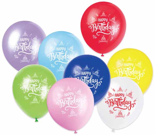 12" LATEX 8/PK ASST BIRTHDAY CAKE TRICO