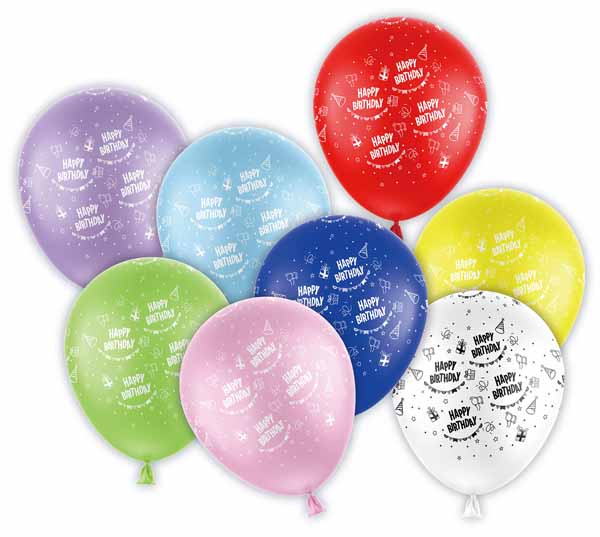 12 Inch Assorted Birthday Print Latex Balloons, 8 Pack