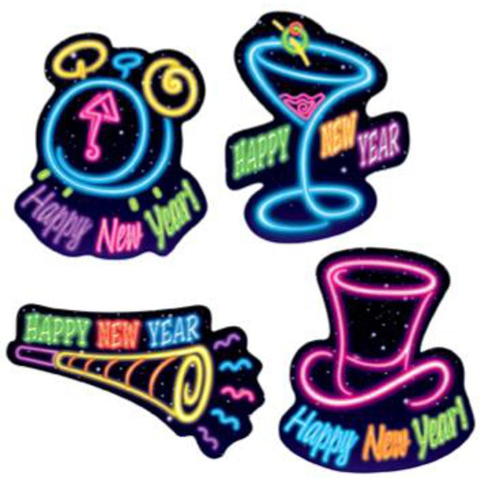 Neon Happy New Year Cutouts - 4 Pack