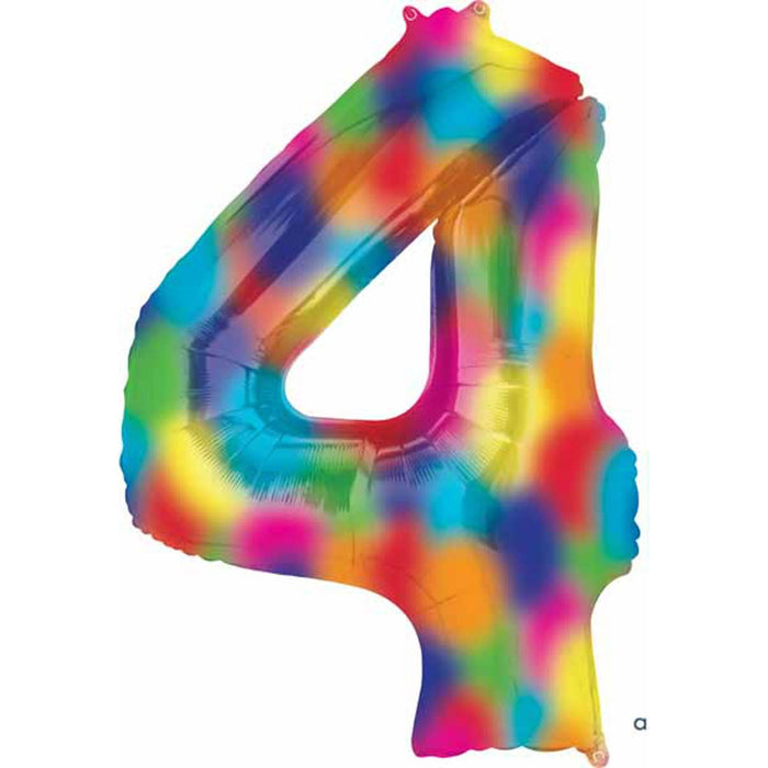 Number #4 Rainbow Splash Foil Balloon - 34 Inches Tall.